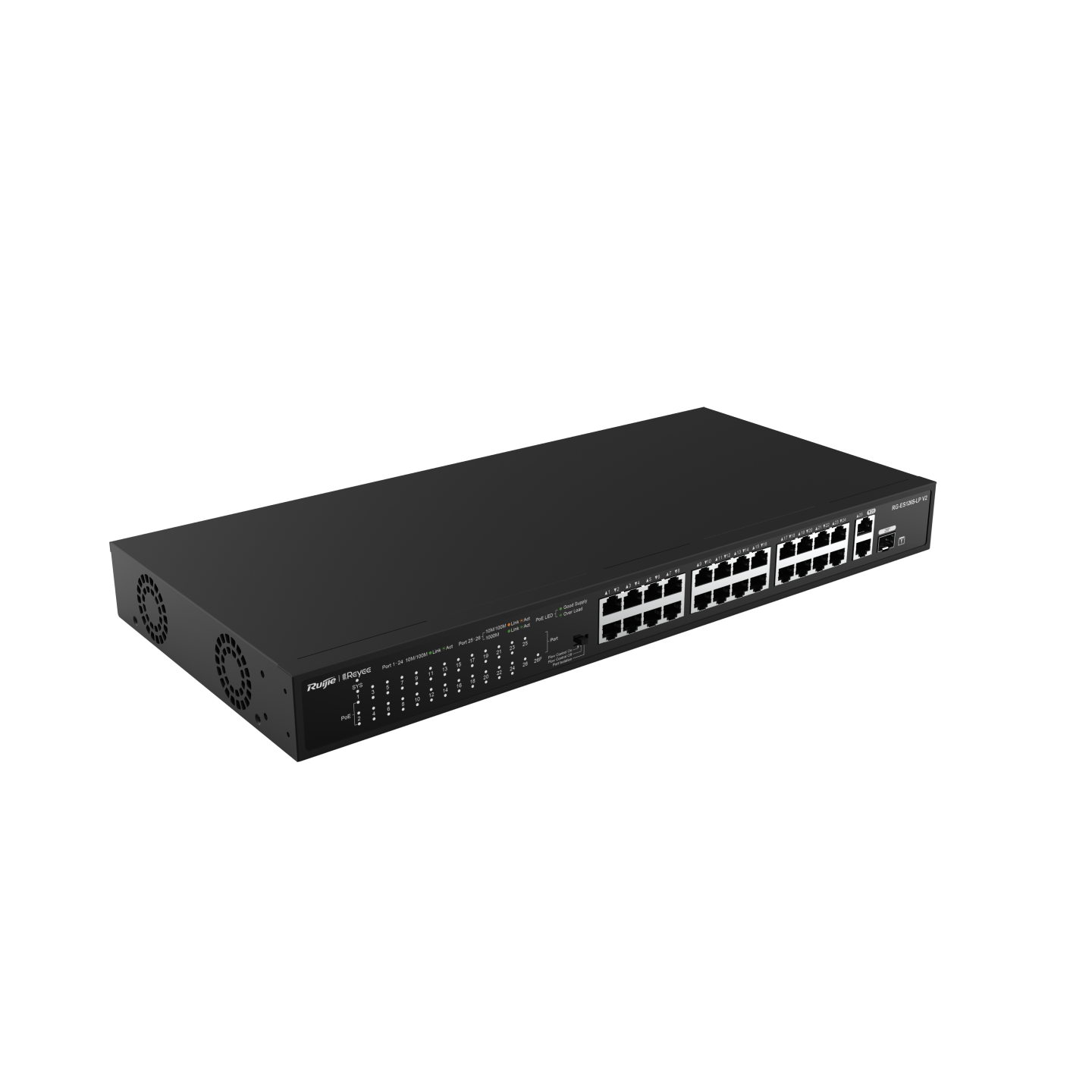 RG-ES126S-LP V2, 24-Port 10/100 Mbps with 2-Port Gigabit Rackmount PoE Switch